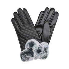 Faux Leather Women's Gloves with Faux Fur Trim Quilted Leather Diamond Stitch