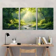 3pcs Serene Green Forest Lush Trees & Stream Wall Art Canvas Framed 50x70cm