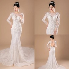 Boho Mermaid Wedding Dresses Scoop Neck Long Sleeved Lace Applique Bridal Gowns