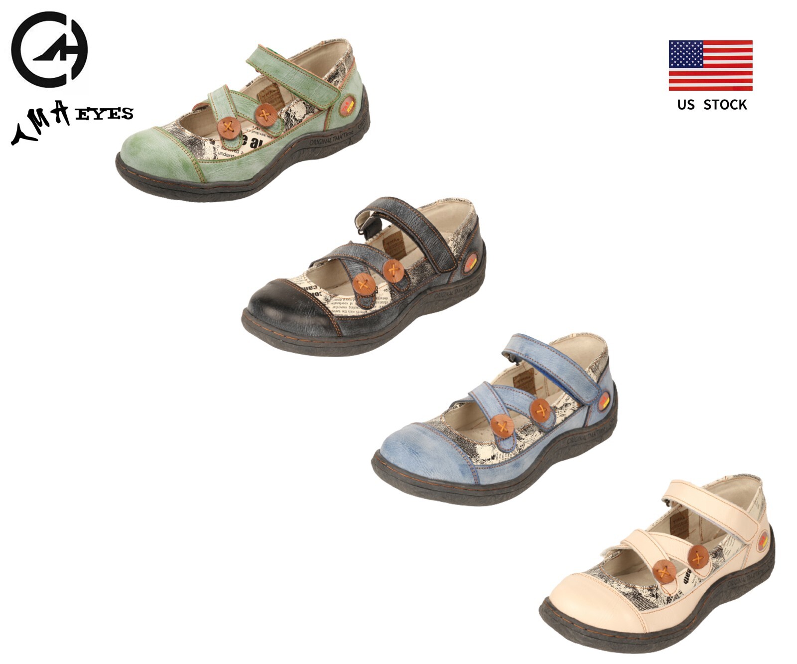 TMA EYES Button Criss Cross Strap Leather Women Flat Shoes Blue