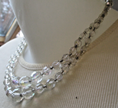 Collier Vintage 2 Rangs Perles Cristal Facettes - Fermoir Argent, état Impeccable, Occasion