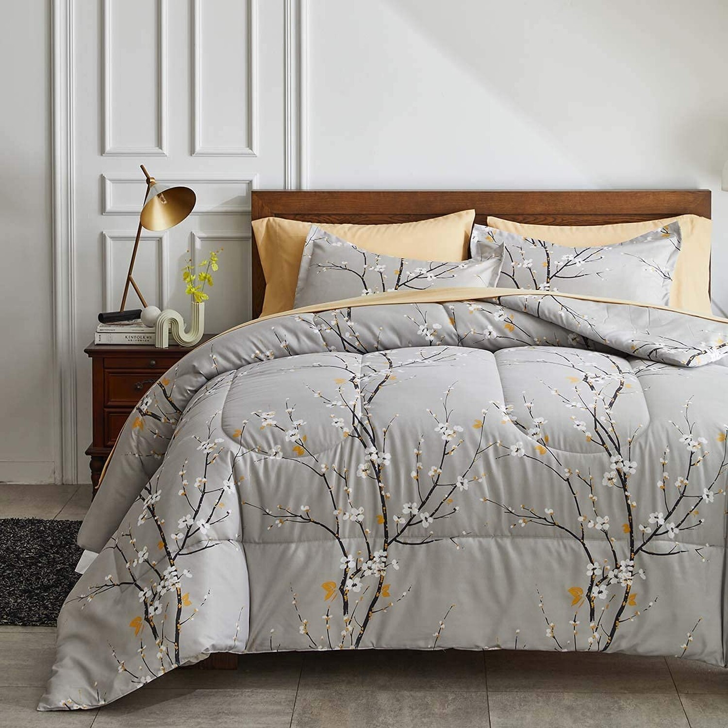 Gray Comforter Sheet Set Bed in a Bag 7 Pieces Queen Size Tree Branch Bloom F...