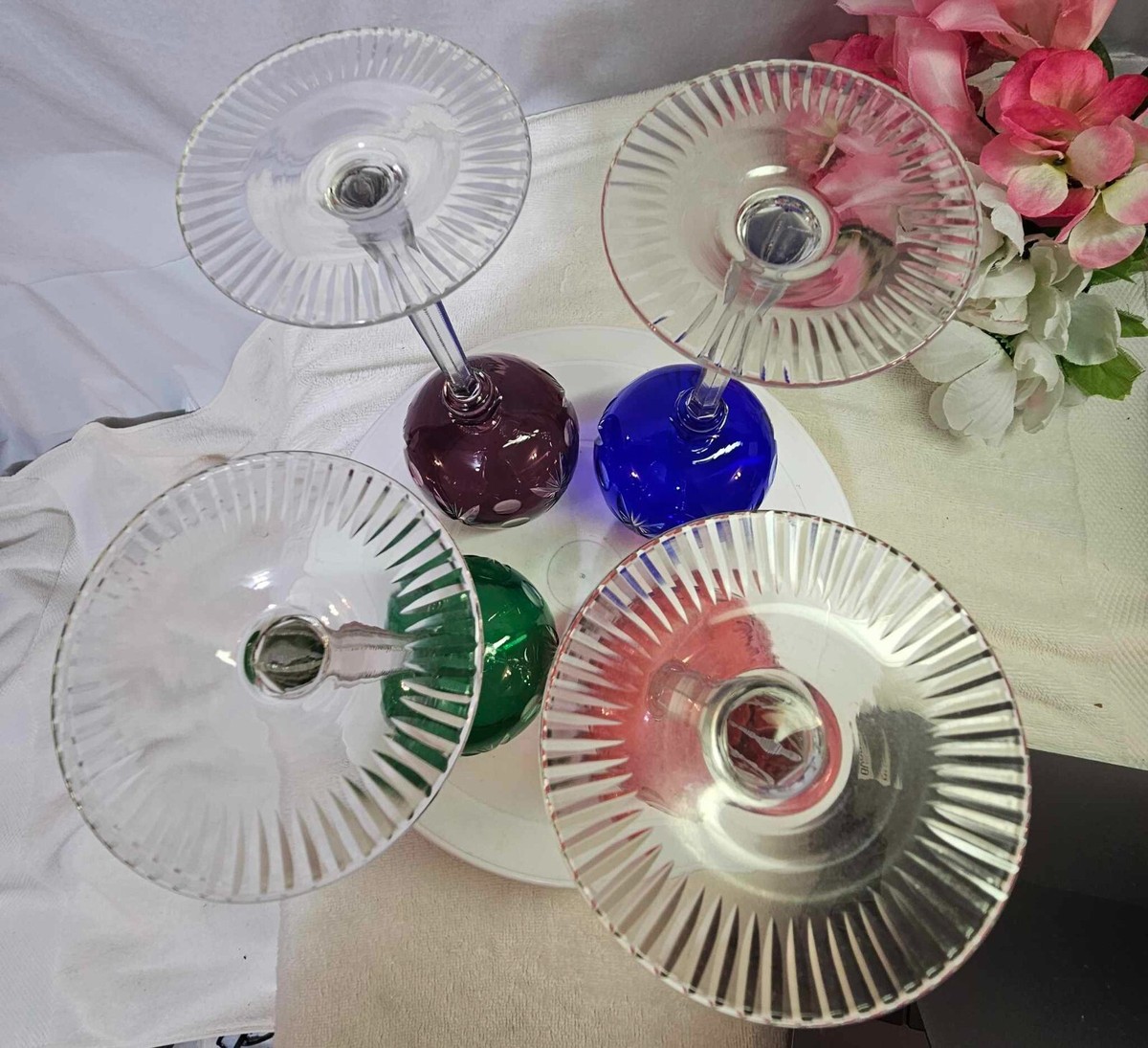 Set of 4 -Bohemian Czech Cut Crystal Wine Glasses Multicolor