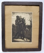 Antique Framed Etching Print Copper Engraving Old Man Unsigned