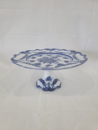Antique Ironstone Floral Pattern Flow Blue Pedestal CAKE STAND