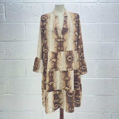 AX PARIS TAN SNAKE MIDI DRESS CHIFFON WOVEN LONG SLEEVE COLLAR TIERED Y2K  UK 20 UK