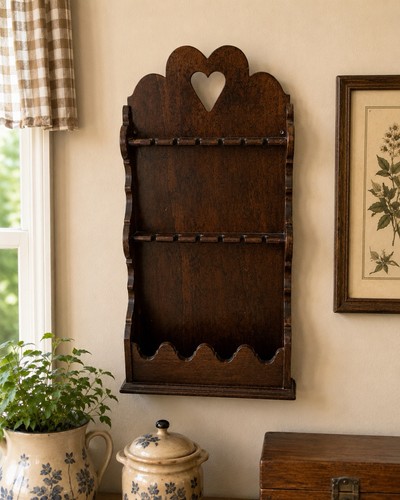 Vintage Wooden Wall Mount Spoon Silverware Rack Heart Cutout 23โ Folk Country