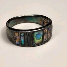 Vintage Sterling Silver 925 Thailand Geometric Abalone Inlay Band Ring - Sz 8