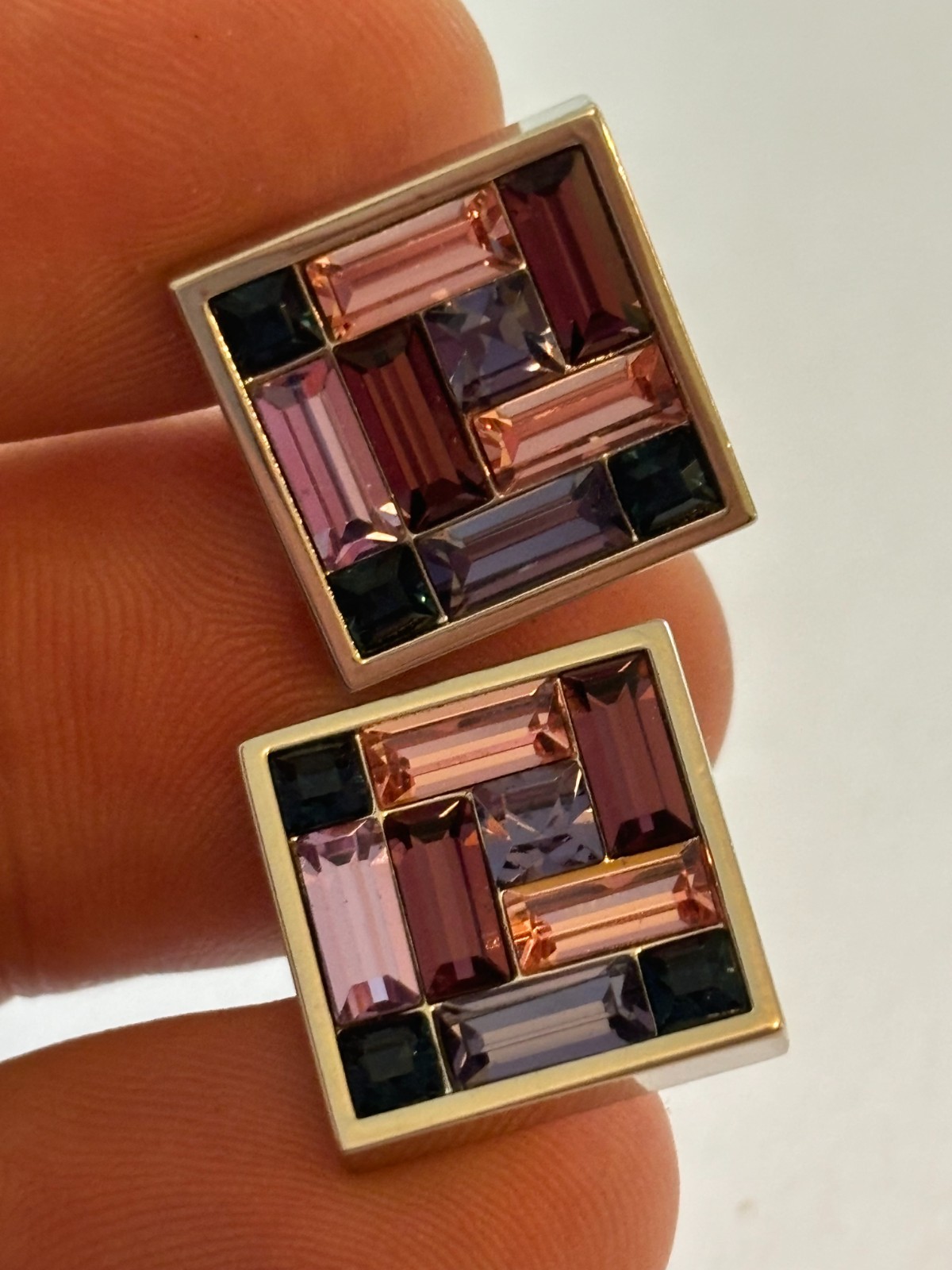 Square silver cufflinks with rectangular purple s… - image 2