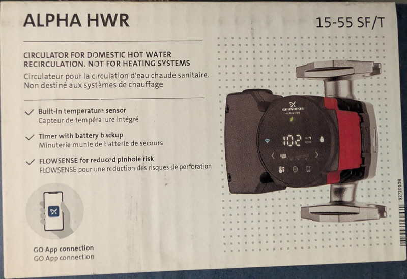 Grundfos ALPHA HWR Domestic Hot Water Circulator Pump 15-55 SF/T 115V