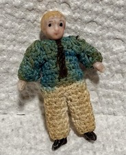 Antique German Carl Horn Miniature 1.5"  Porcelain Doll Man Crocheted Clothes