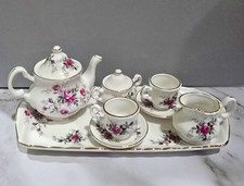 Heirloom Fine Bone China England Miniature Tea Set Pink Roses Gold Trim 9 Pc