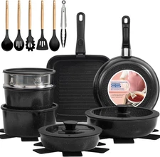KIKCOIN Ceramic Nonstick Pots and Pans Set - Cookware with 25 Pack, Black 