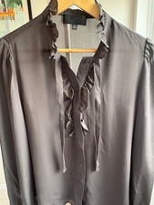 Nili Lotan Silk Blouse Ruffle Collar Off Black Charcoal Button Up Size M Made US