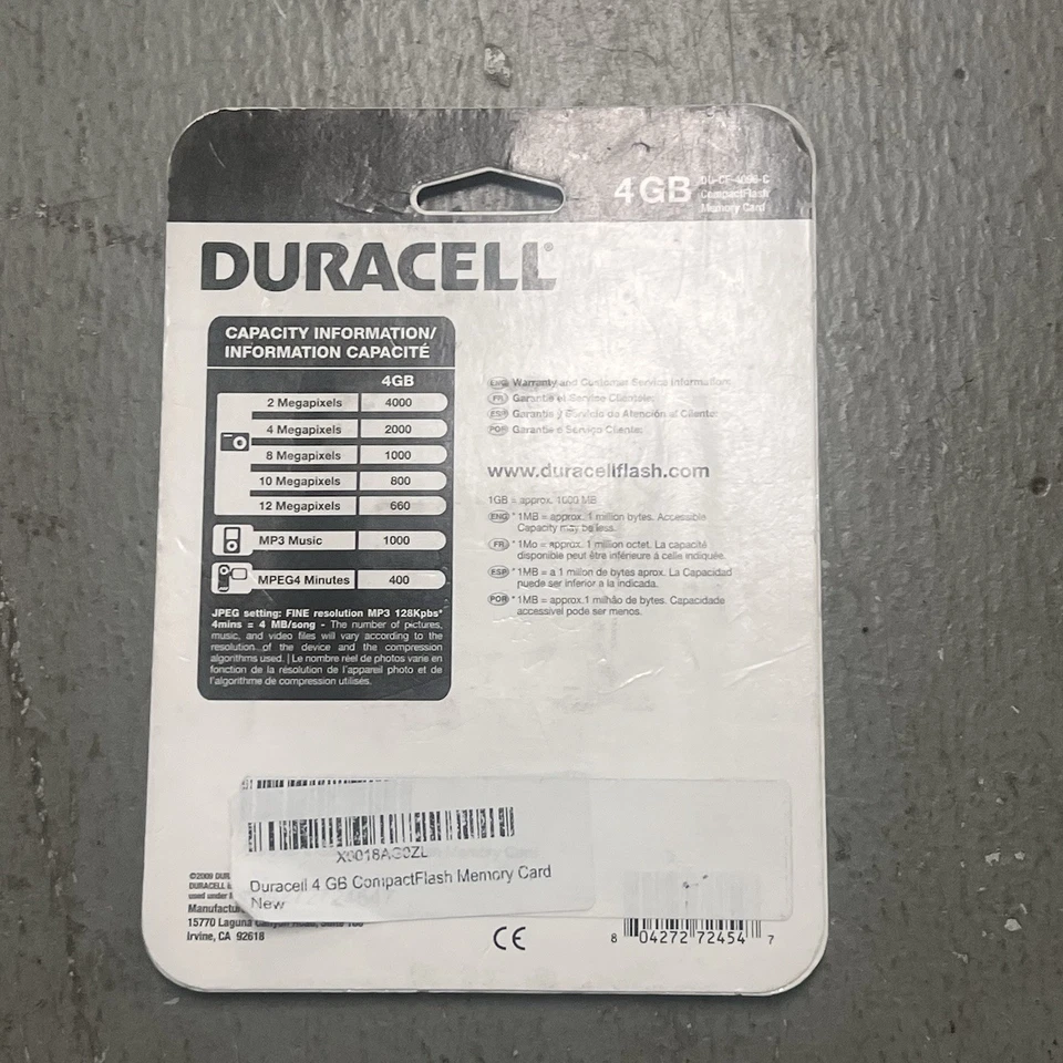Duracell CompactFlash Memory Card 4GB New Sealed Digital Camera Storage - Image 2 of 2