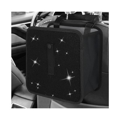 BWBWND Car Foldable Trash Can, Bling Rhinestone Oxford Garbage Black 