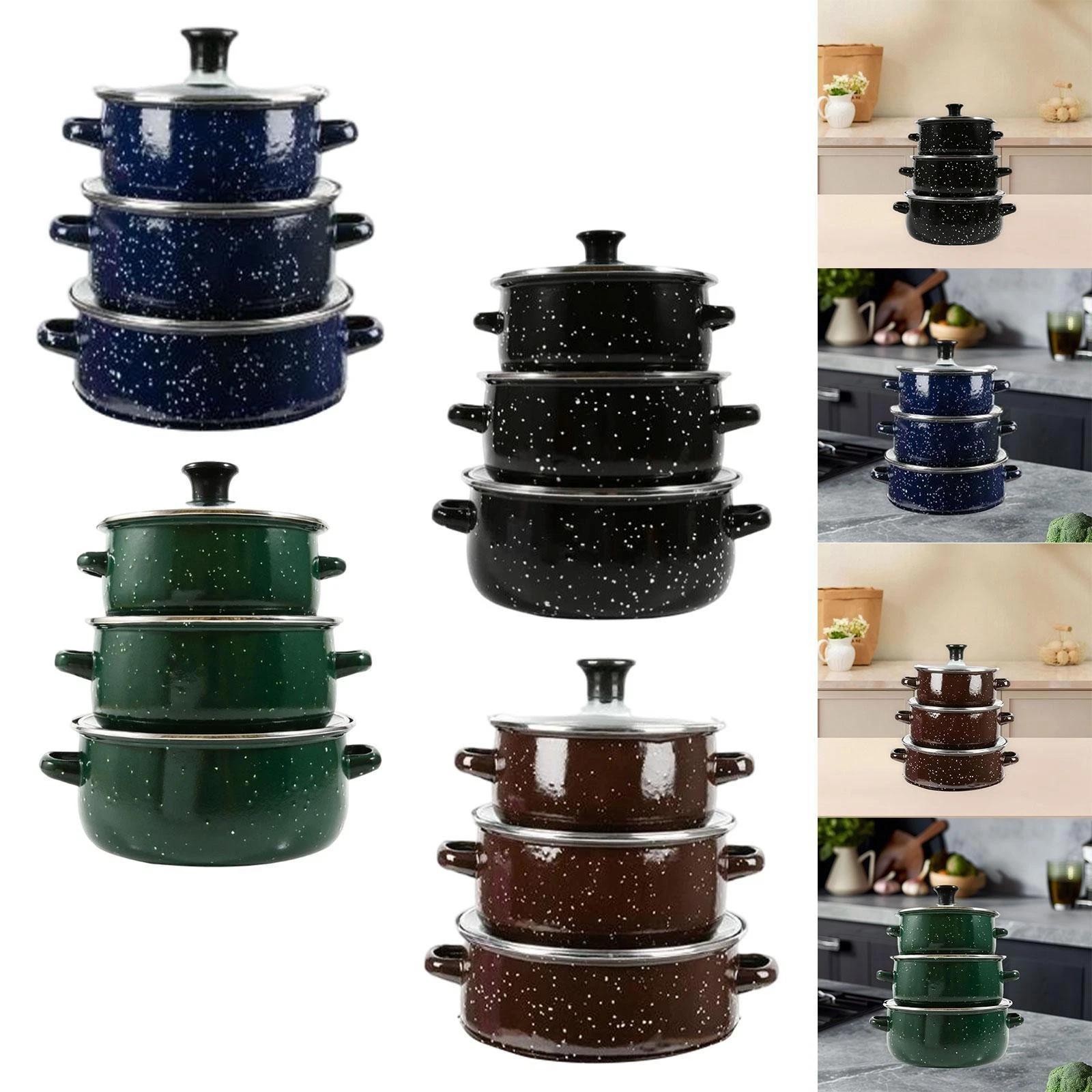 3x Enamel Stockpot with Lid Cookware Portable Multiuse Reusable Soup Pot Soup