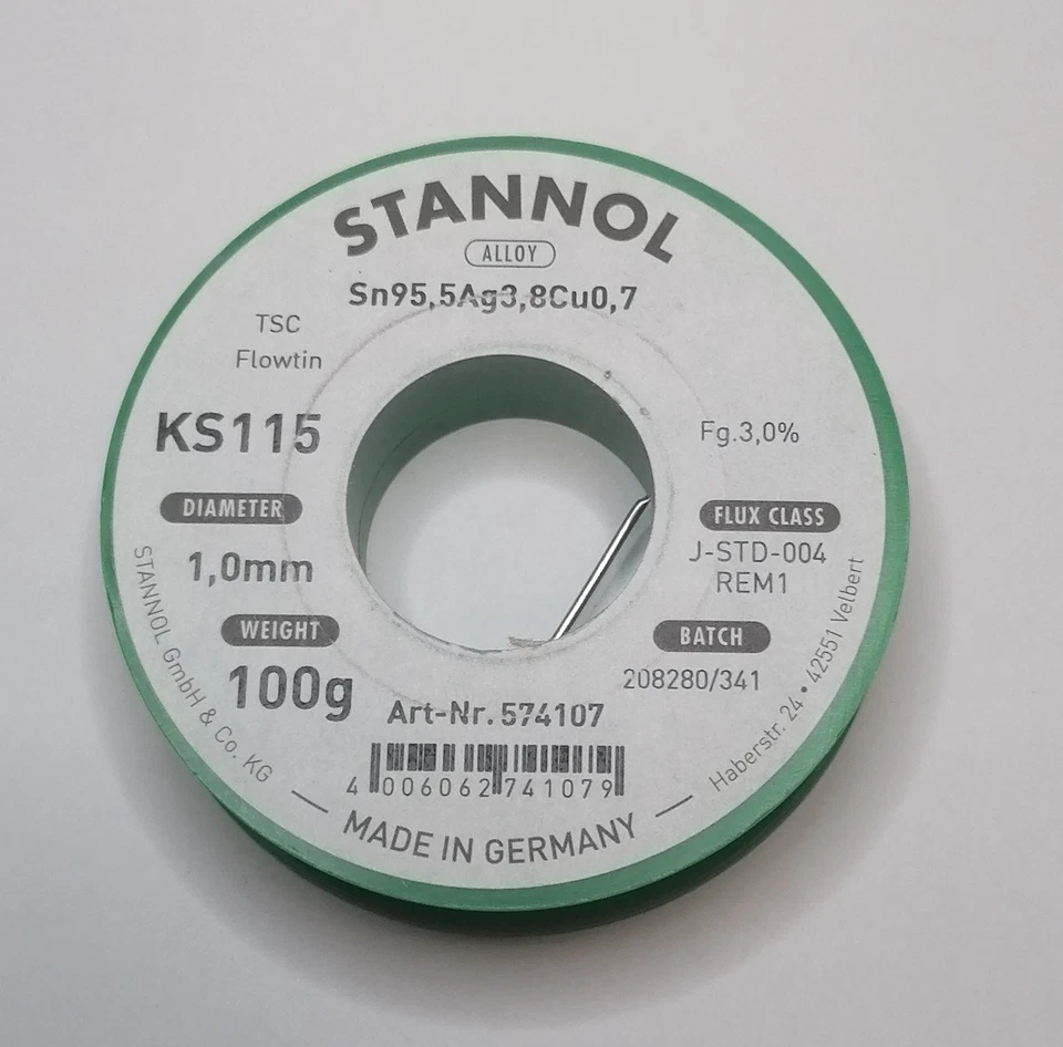 Stannol Lötzinn/Lötdraht KS115 TSC Flowtin Sn95,5Ag3,8Cu0,7 1,0mm 3% 100g - Bild 1 von 1