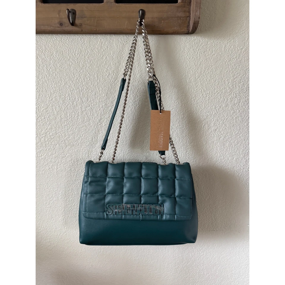 Steve Madden Acolchado Cadena Bgali Bolso de Hombro Cartera Verde Esmeralda 11 Pulgadas