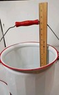 VINTAGE ANTIQUE ENAMEL CHAMBER POT WHITE WITH RED TRIM HAS LID AND WOOD HANDLE — photo 10
