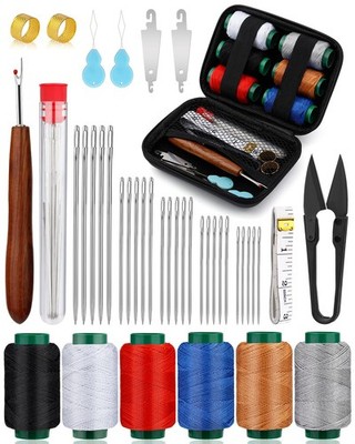 TLKKUE 40 Pcs Big Eye Steel Sewing Needles Kit, 6 Colors Thread 