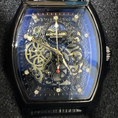 Aokulasic - Skeleton Watch Black Leather 22mm Adjustable / W J4
