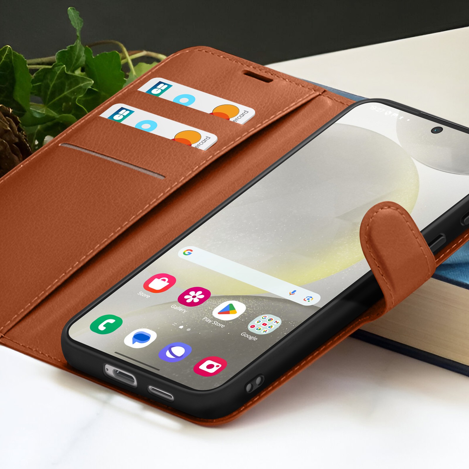 Étui portefeuille Galaxy S24 Plus marron avec support
