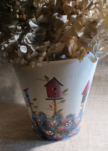 Hand Painted Birdhouse On Metal Bucket Country Farmhouse Spring Decor Folk Art  - Picture 4 of 11