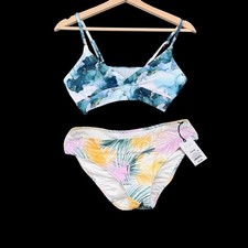 Womens Bikini Set Pastel Tropical Mix Print Mid Rise Sz S Boho Padded
