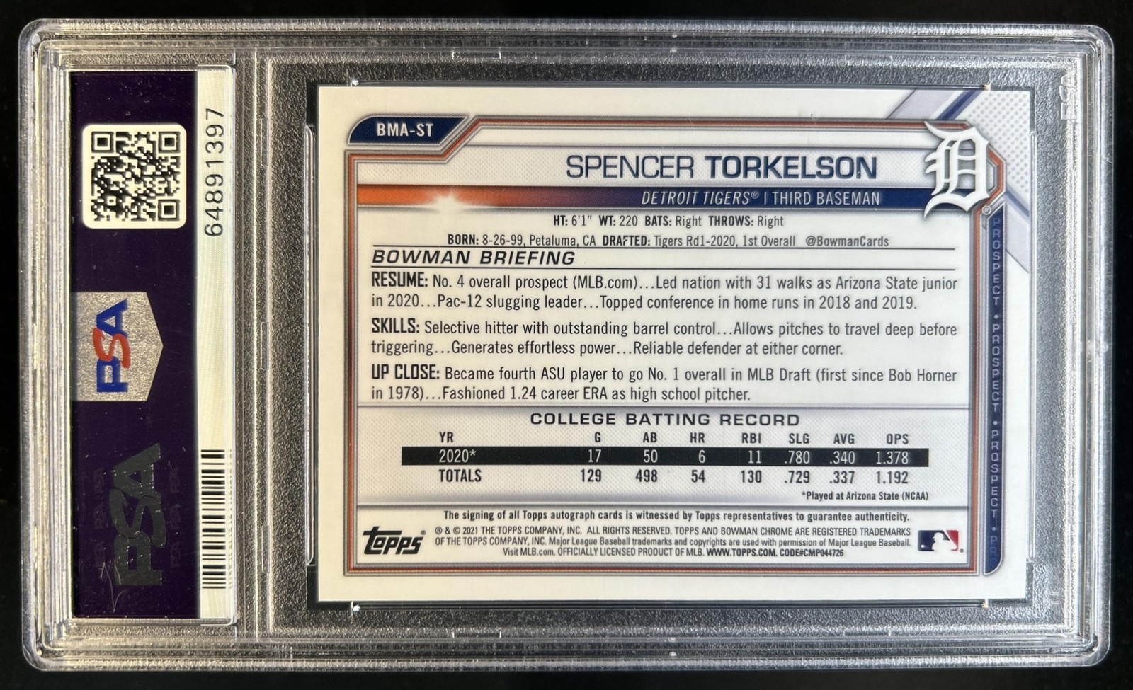 2021 Bowman Chrome Spencer Torkelson Auto Mega Box Refractor #BCMA-ST PSA 10 view 2