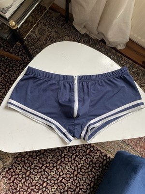 Men s Navy Swim Trunks With White Trim & Front Zip- Size L