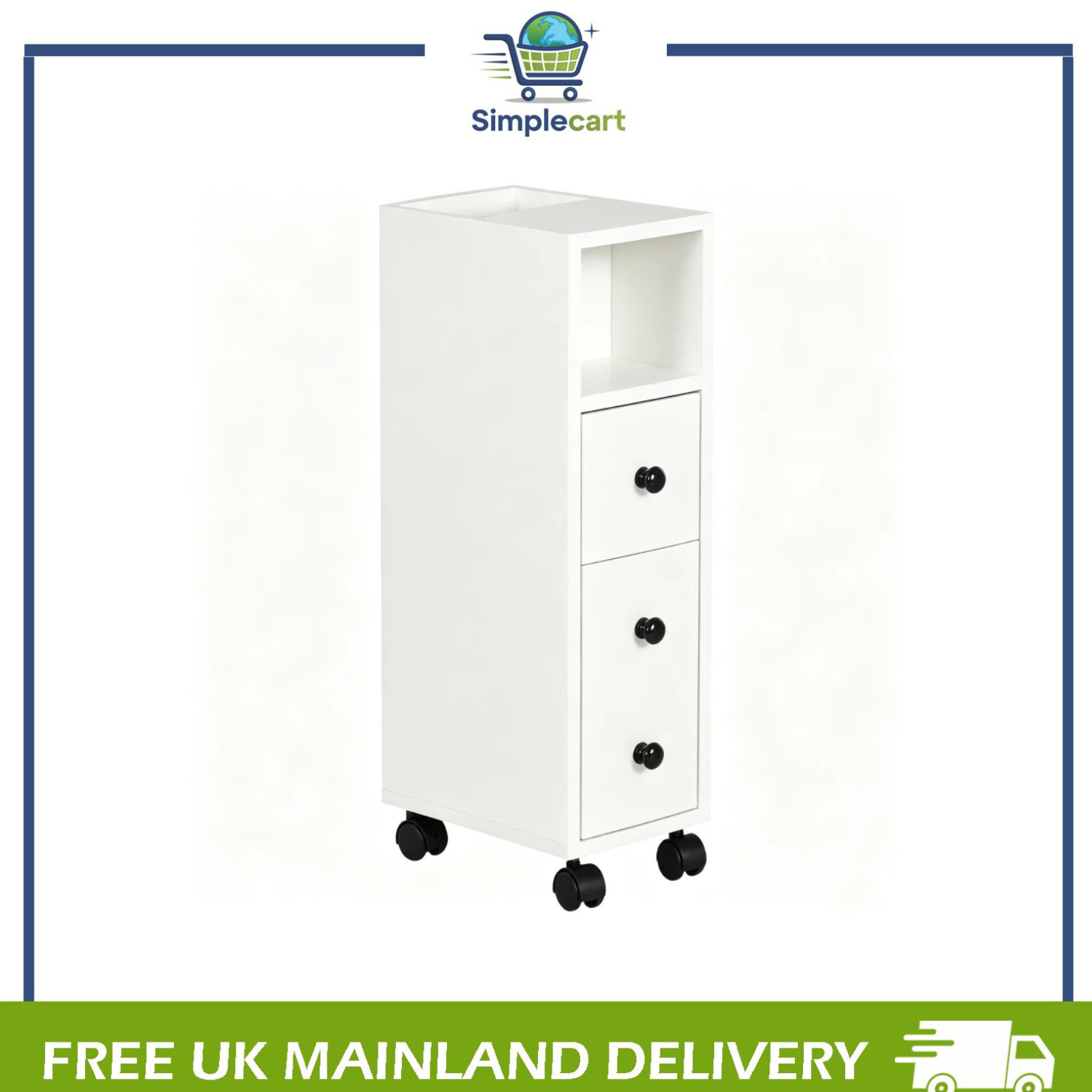 Slimline Bathroom Storage Unit w/ 2 Drawers 2 Open Compartments Wheels