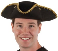 ADULT BLACK COLONIAL PIRATE TRICORNE TRI-CORNER TRICORN COSTUME HAT W/ GOLD TRIM
