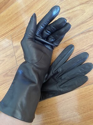 Neiman Marcus Long Lambskin Leather Gloves Sz 8 Silk Lining Brown