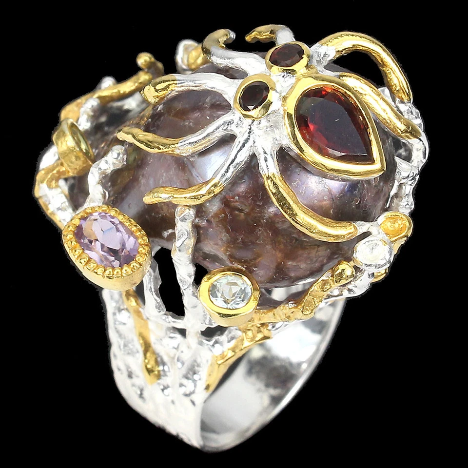 Anillo de plata de ley 925 con perlas 28x17 mm amatista peridoto piedras preciosas joyería talla 7,5 Foto 3 de 4