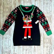 33 Degrees sz XL Ugly Christmas Sweater Womens Bells Santa Legs Sequins Metallic