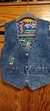 Vintage Kids Embroidered Blue Jean Vest With Inner Geometric Pattern Size 3