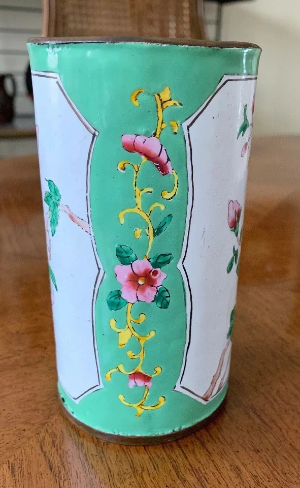 Hermosa maceta vintage china familiar rosa esmalte verde pájaros y flores Foto 2 de 4