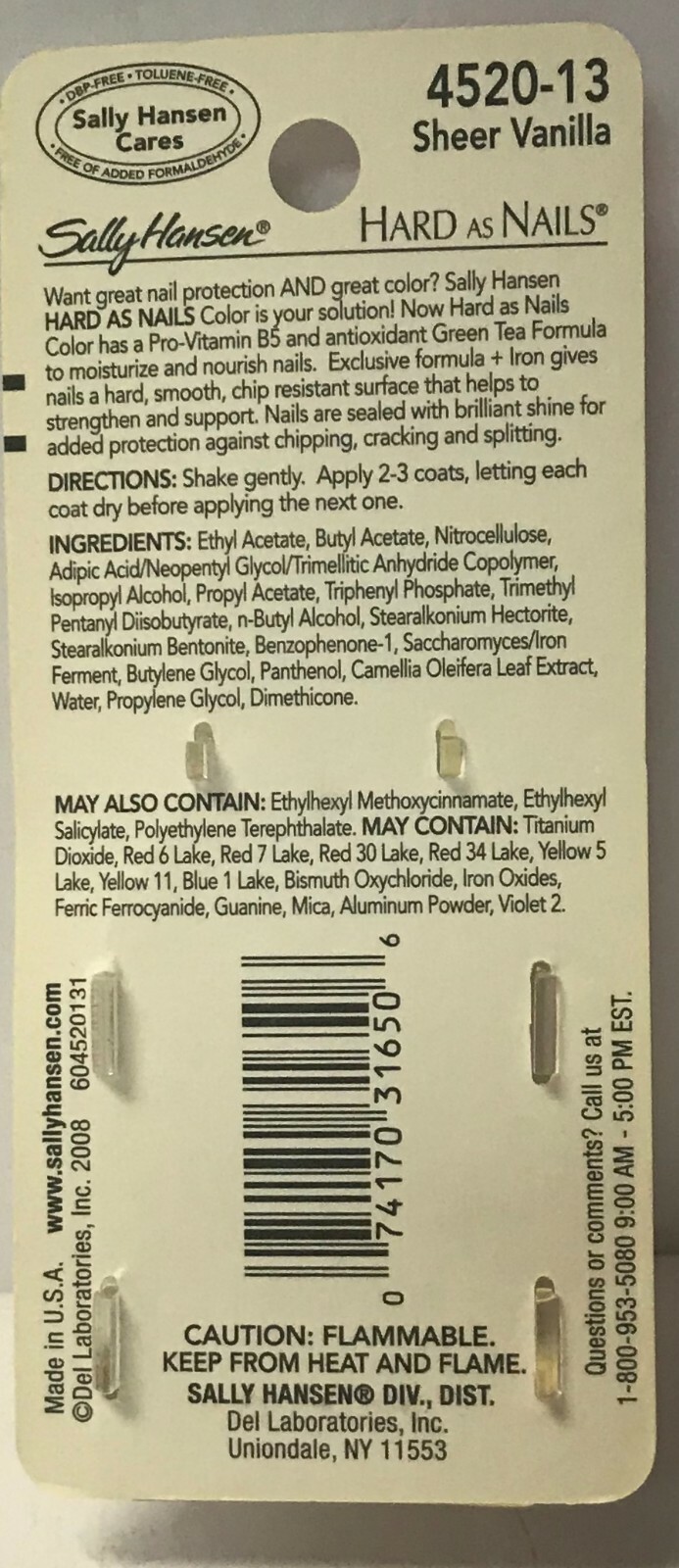 2 Sally Hansen Hard As Nails  Sheer Vanilla 4520-13 with Vitamin B5 & Green Tea