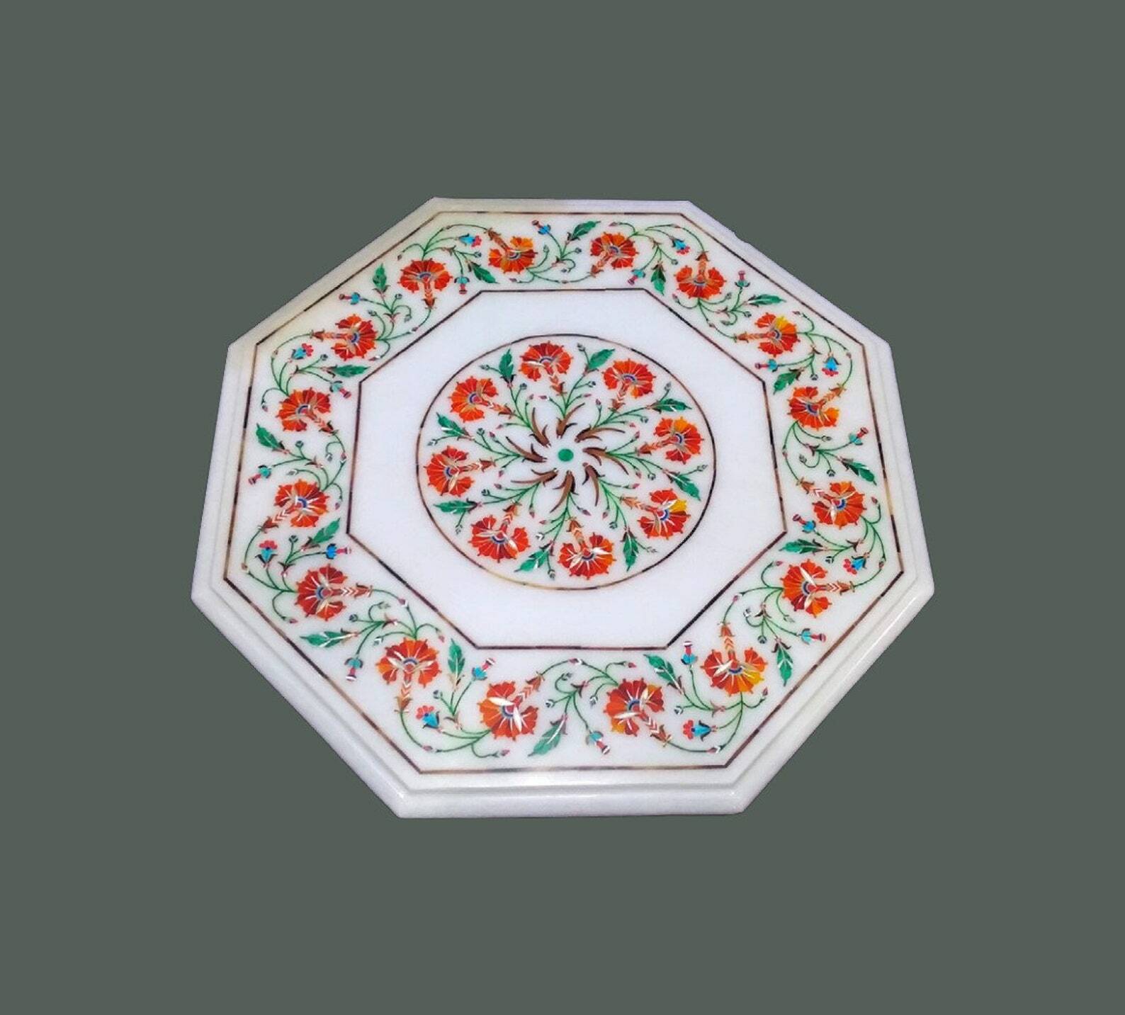 21-inch Marble Center Table with Pietra Dura Inlay for Home and Garden Decor