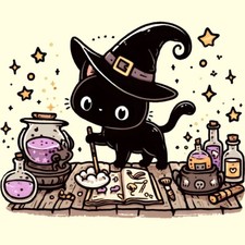 Halloween Witch Cat w Potions 1 - Kawaii Style 8x8 Cotton Crafting FABRIC Block
