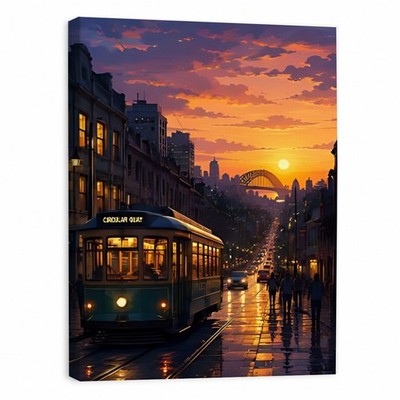 *City Tram Sunset Canvas Wall Art Urban Street Travel Decor Print Framed  8*12in