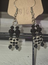Handcrafted Flower Glass Beaded Dangle Earrings Black Silver for Women