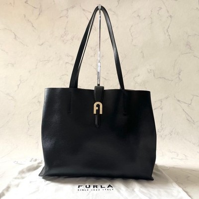 Furla tote bag with arch logo, leather, black.