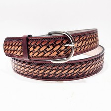Tooled Genuine Cowhide Leather Western Belt Size 50 Basket Weave Pattern Brown