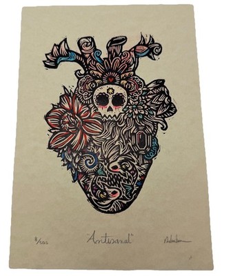Signed Linocut Anatomical Heart Artisanal 8/500 Gothic Folk Skull Tattoo Style