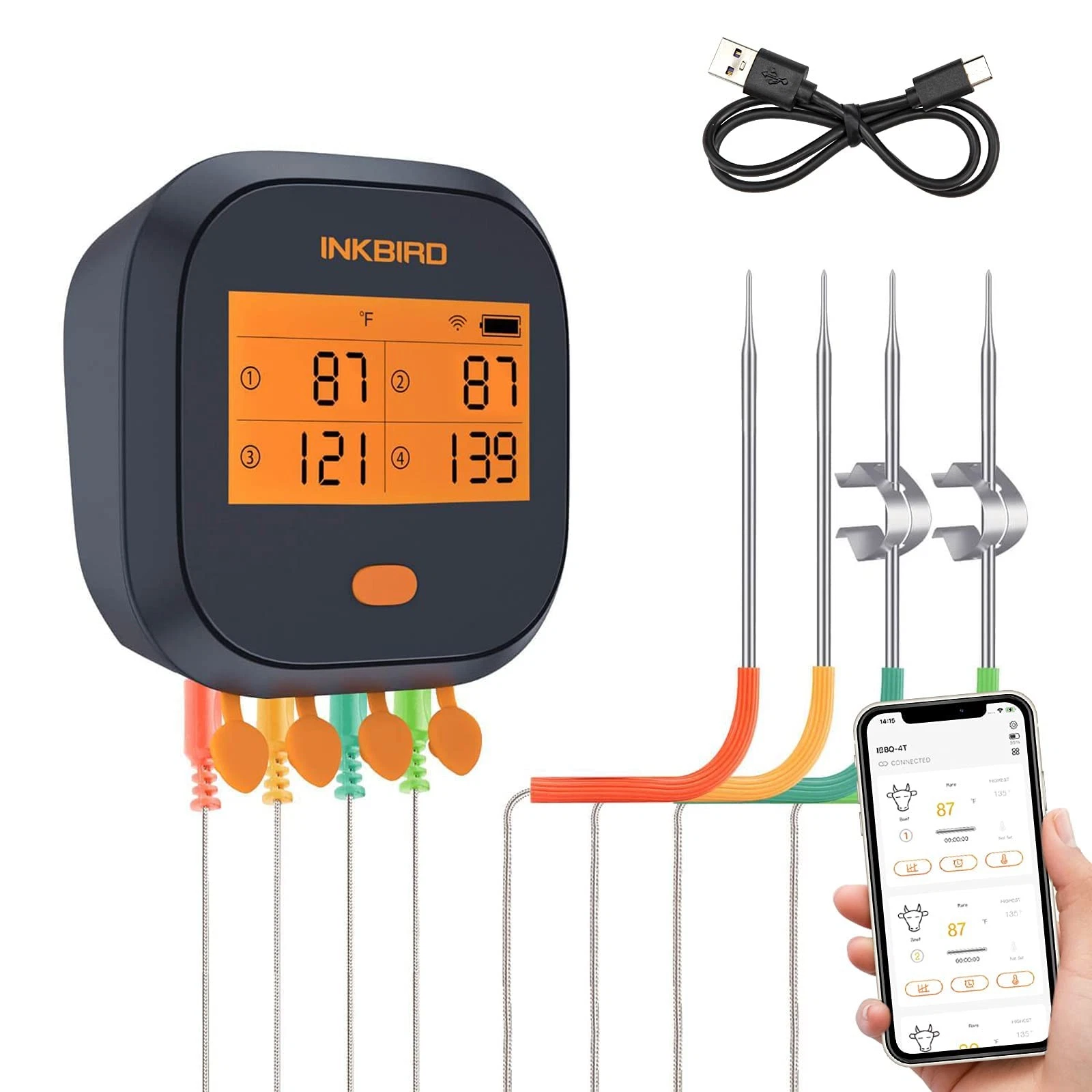 INKBIRD WiFi Meat Thermometer IBBQ-4T, Wireless WiFi BBQ Thermometer for Smok...