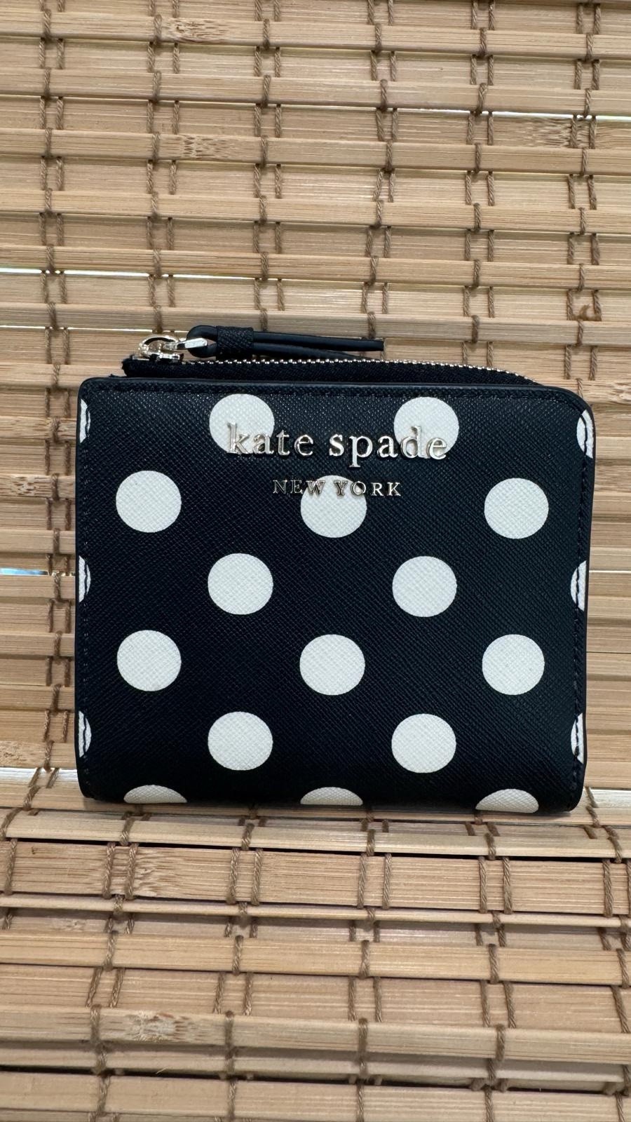 Kate Spade New York Cameron Pictur Blue White Polka Dot Small Zip Bifold Wallet