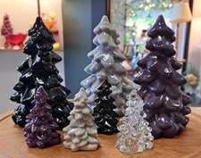 Set of 7 Mosser Glass Christmas Trees – Purple Amethyst, Black, Marble Grey, Ice