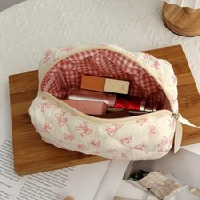 2025 New Bowknot Quilting Women Cosmetic Bag Cute Zipper Travel Makeup Pouch Cot